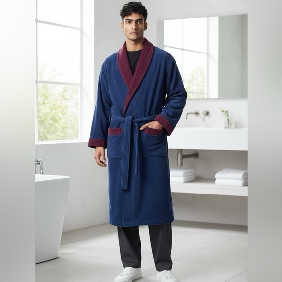 Nautica Shawl Robe Navy Burgundy Belted Terry Cloth One Size Loungewear - Picture 5 of 8